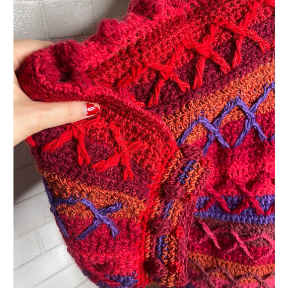 VINTAGE 60s XS Mod HAND KNIT Sweater Mini Dress $380 WOOL Puff Sleeves Red Blue - Picture 9 of 15